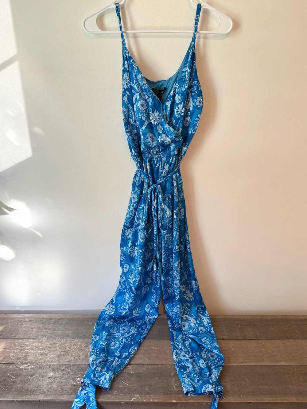 Aqua Sleeveless Blue Floral Jumpsuit with Tie Ankles - Picture 2 of 4
